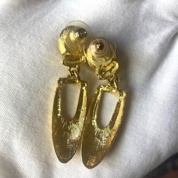 Vintage 80s 90s Gold Toned Pierced Earrings Purple Stone Door Knocker Regency - Picture 4 of 7